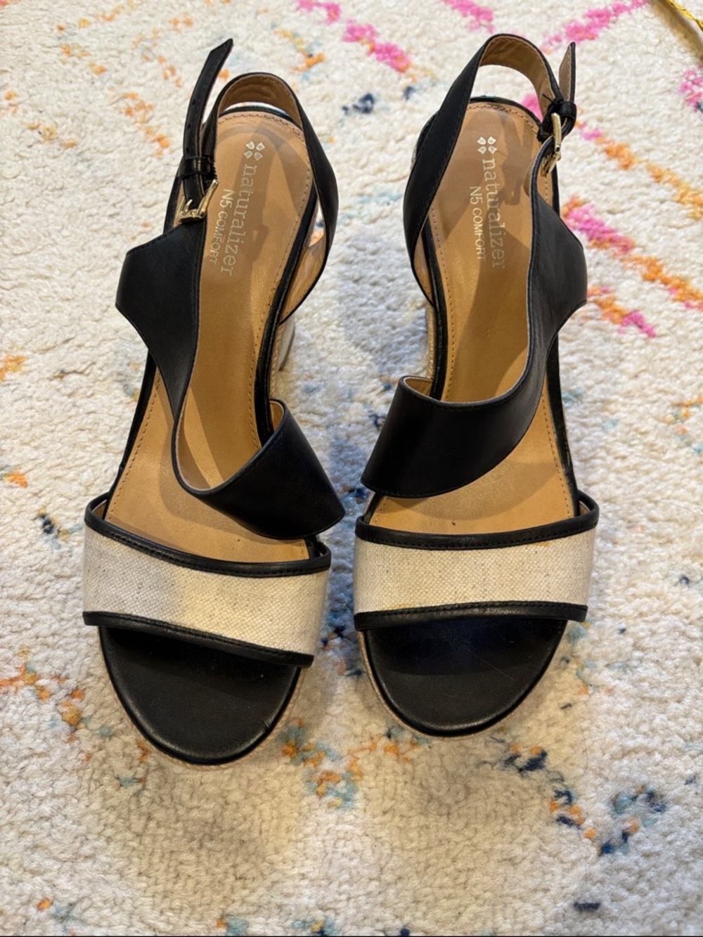 Naturalizer Black and Cream Open-Toe Slingback Heels